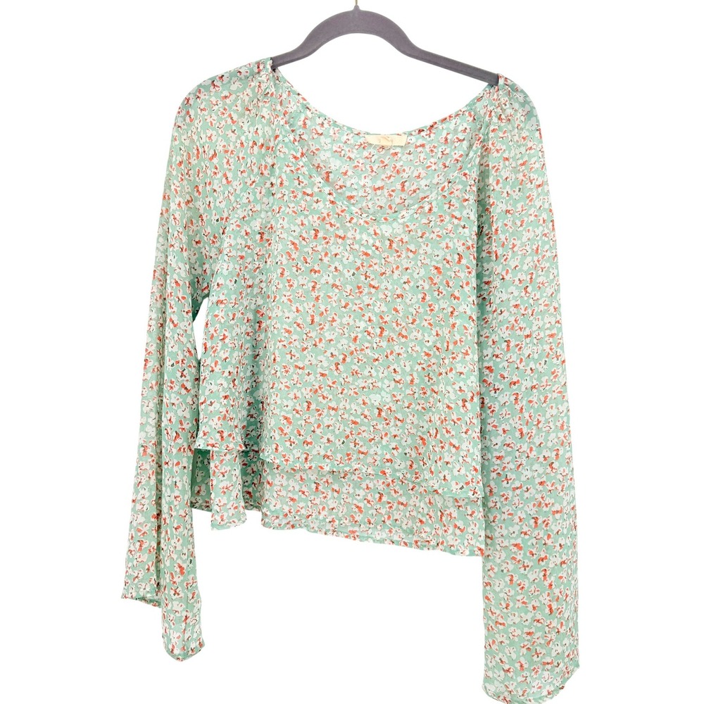 Sage Green Fairy Floral Tiered Layered Bell Sleeve‎ Top Blouse Large Cottagecore
